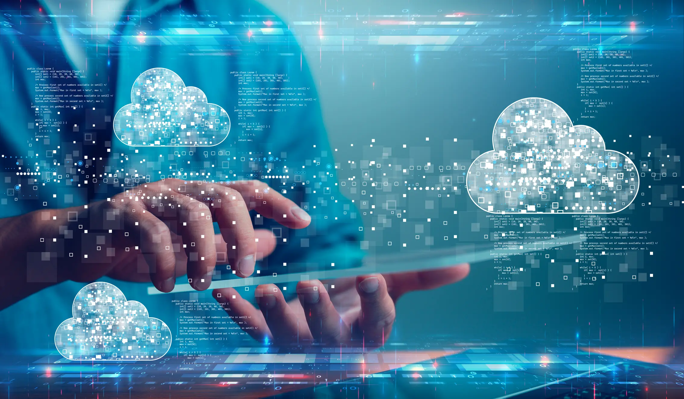 Businessman with cloud computing diagram show on virtual screen. Cloud technology. Data storage, data transfer, Networking and internet service concept, technology internet storage network. Hands interacting with a digital tablet and cloud icons.