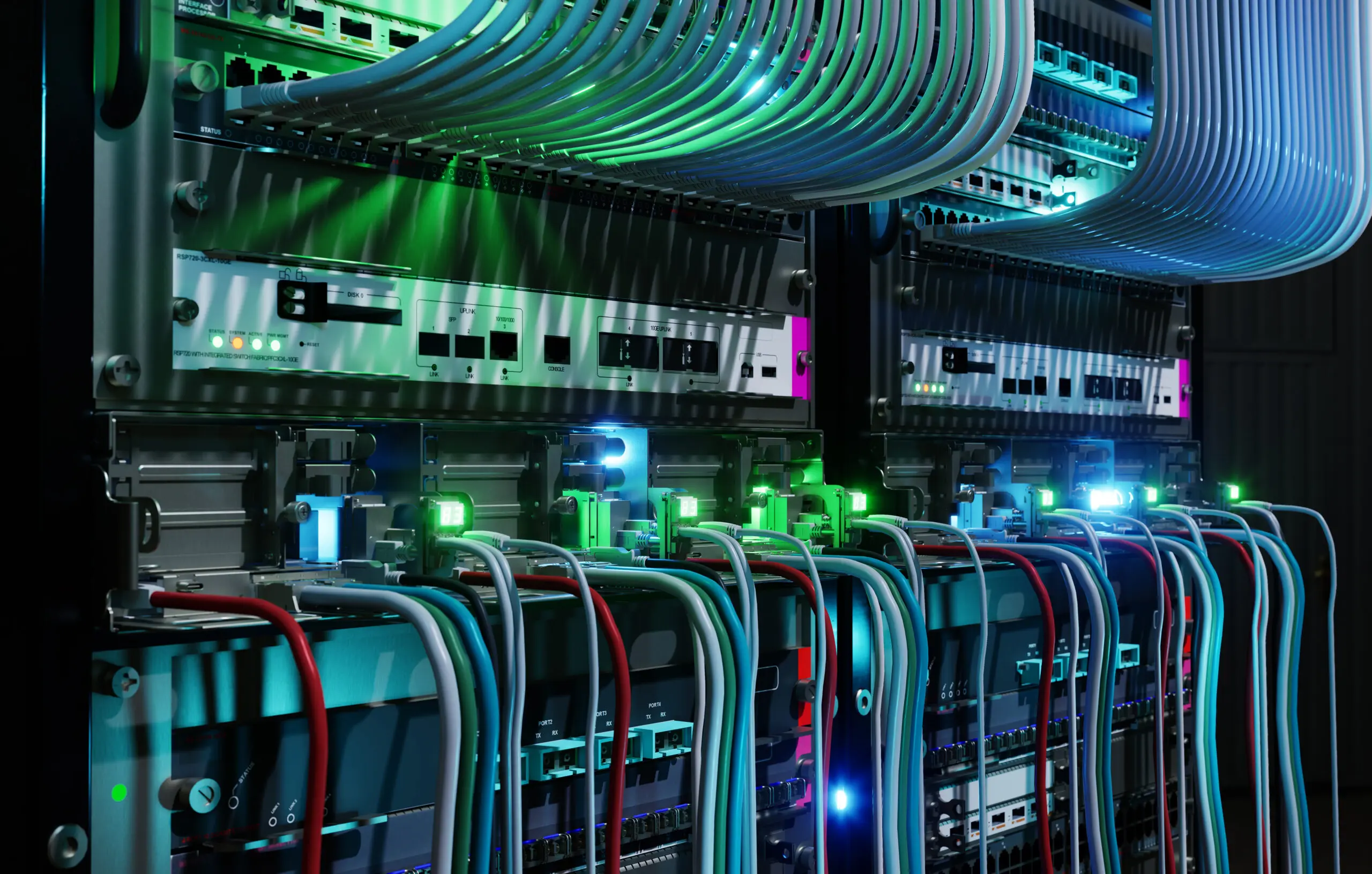 A futuristic server room with glowing green and blue lights.
